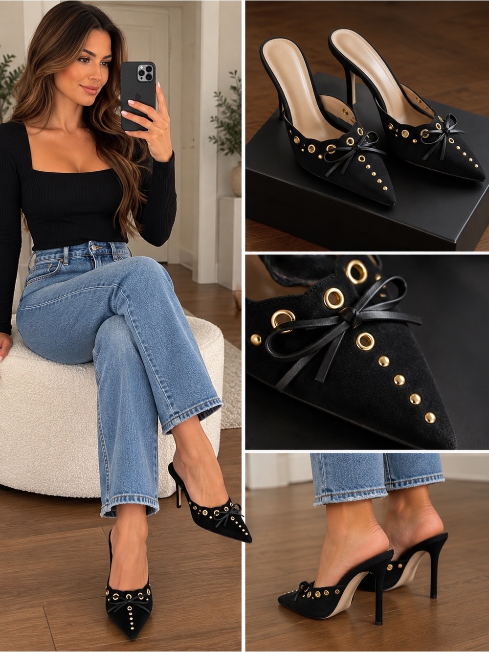Black Studded Pointed-Toe Mule Heels